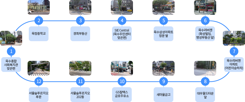 1.옥수종합사회복지관 맞은편
2.옥정중학교 
3.경희부동산
4.SIE Central (옥수주민센터 맞은편)
5.옥수삼성아파트 정문 옆
6.옥수리버젠(화성빌딩, 명성부동산 앞)
7.옥수리버젠아파트 (어린이승하차)
8.대우월드타운 앞
9.새마을금고
10.GS칼텍스 금호주유소
11.서울숲푸르지오 202동
12.서울숲푸르지오 후문
